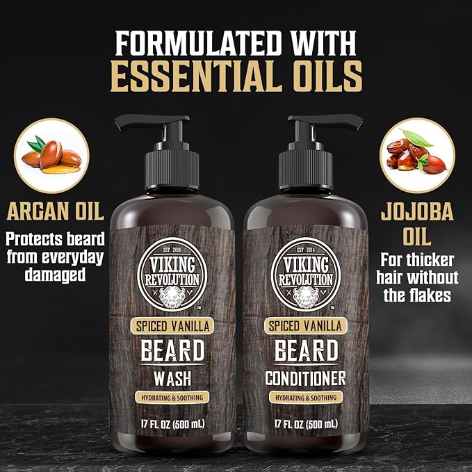 Viking Revolution Beard Wash and Beard Conditioner for Men with Argan Oil and Jojoba Oil - Beard Softener and Strengthener Beard Care Beard Shampoo and Conditioner with Beard Oil (17oz Spiced Vanilla)