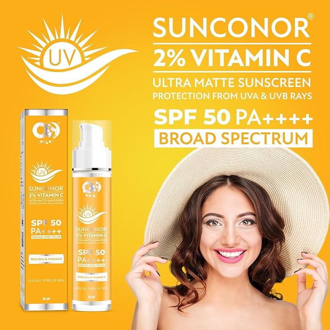 2% Vitamin C Sunscreen SPF 50 PA+++ | Water Resistant & Non-Greasy, Broad Spectrum Sunblock with Vitamin C, Zinc Oxide & Glycerine | Matte Finish, UVA/B Sun Protection for Women & Men | 50 gm