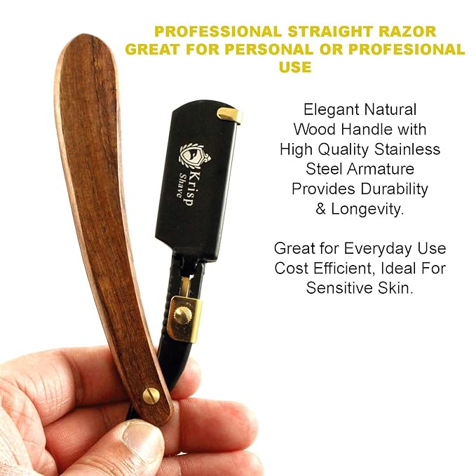 Professional Classic Straight Edge Barber Razor For Close Shaving - Salon Quality Men's Beard Cut Throat Shavette Manual Razor (Wooden Handle) With 5 Shaving Blades By Krisp Shave