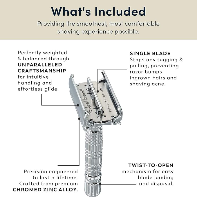 Rockwell Razors R1 Double Edge Safety Razor in White Chrome. Beginner-Friendly for a Smooth, Comfortable Shave. Twist-To-Open handle for Easy Blade Loading. Includes 5 Recyclable Safety Razor Blades.