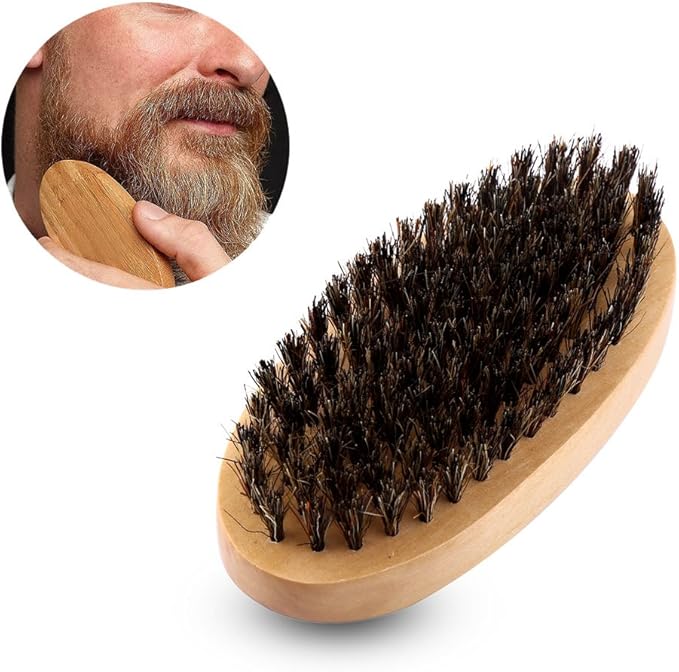 Beard Brush, Men Faux Boar Bristle Wood Handle Military Pocket Mustache Beard Grooming Comb Brush