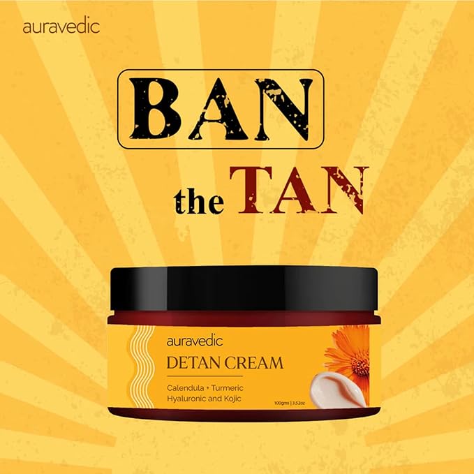 Auravedic De Tan Face Cream with Turmeric, Papaya & Calendula | Hydrating Daily Face Moisturizer for Dull & Sun-Exposed Skin | Lightweight Cream for All Skin Types | 3.53 Oz (100g)