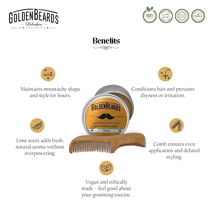 Golden Beards Moustache Wax & Eco Wood Vegan Comb Kit – Medium Hold Wax with Lime Scent & Eco Wood Comb 2.5 in – Handmade, Vegan, Cruelty-Free Moustache Styling Set