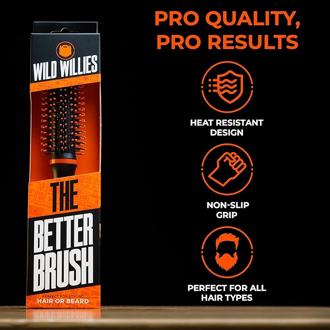 Wild Willies Round Beard Brush, The Better Brush - Round Bristle Beard Hair Brush for Men, Heat-Resistant Curling Comb for Blow Drying - Premium Grooming Tool for Styling Hair or Beard, All Hair Types