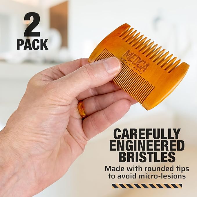 Wooden Beard Comb for Men - Pack of 2, Handcrafted Solid Beechwood Beard Combs, Mustache and Head Hair Pocket Comb with Leather Case - Dual Action Fine & Coarse Teeth