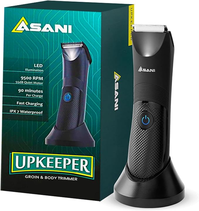 Asani Upkeeper Body Hair Trimmer & Groomer for Men – Rechargeable, Electric Razor-Shaver, Nick-Free Ceramic Blade, LED Light, IPX7 Waterproof, Groin, & Legs (Wet/Dry)
