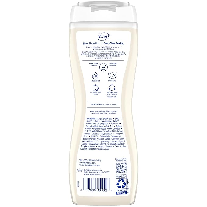 Dial Body Wash, Healthy Hydration, Coconut Milk + Vitamin E, 16 fl oz (Pack of 4), Gentle, Leaves Skin Feeling Soft In 1 Shower, Dermatologist-Tested, No Parabens & Silicones