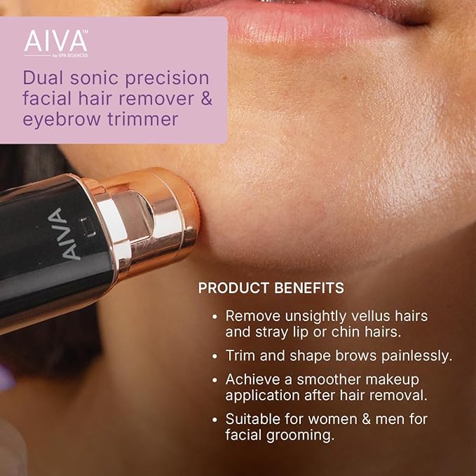 SPA SCIENCES - AIVA Deluxe – Patented Dual 2-in-1/Double Sided Facial Hair Remover & Eyebrow Trimmer USB Rechargeable with Built-in LED Lights & 2 Extra Replacement Heads