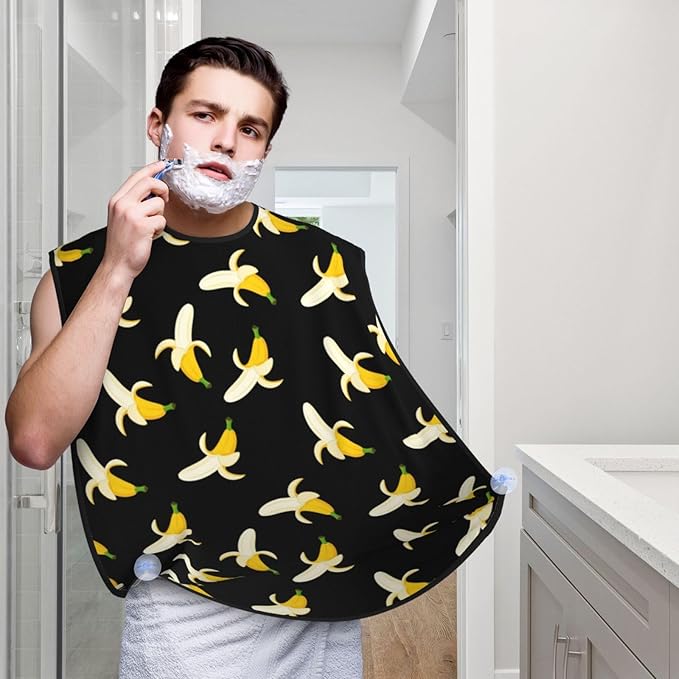 Beard Bib Apron for Men Shaving, Waterproof Non-Stick Hair Catcher with Suction Cups, Grooming Essential for Dad Husband, Yellow Banana Fruit Funny Black Pattern Shave Bib