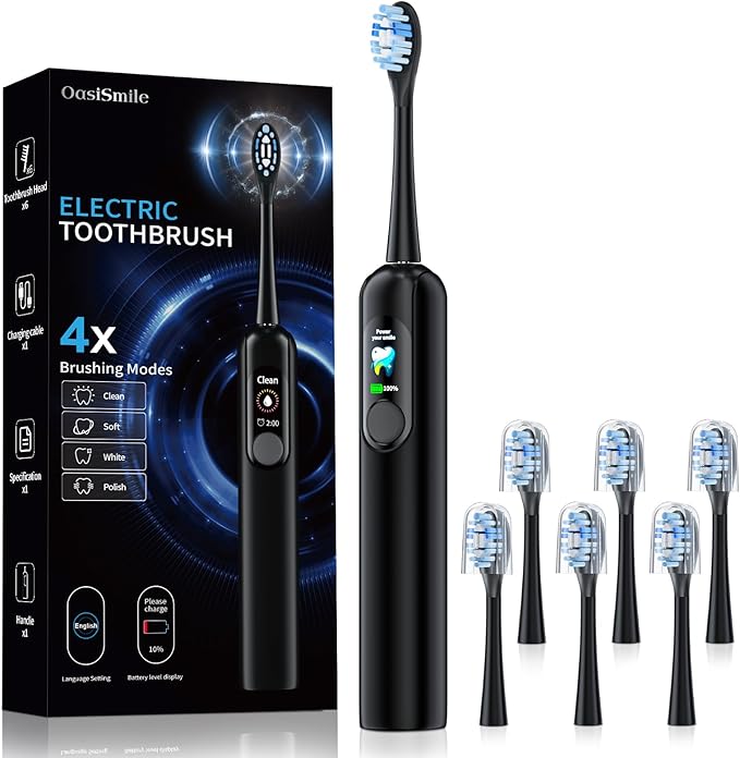 Sonic Electric Toothbrush Adults: 38400 VPM Deep Clean Rechargeable Toothbrush with Smart Display Real-Time Battery, 4 Modes, 6 Brush Heads & 45-Day Battery, Built-in Smart Timer Home Travel Essential