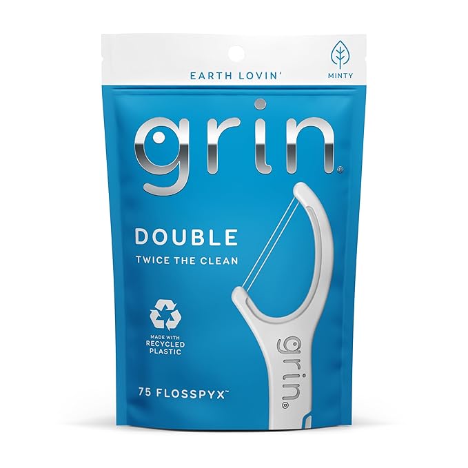 Grin Dental Floss, Minty, 75 Count, Floss Picks | Double Floss Lines | Recycled Plastic | Longer Floss Head | Fold-Back Tooth Pick