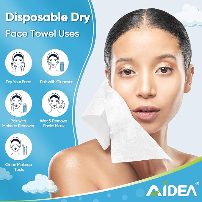 AIDEA Face Towels Disposable-100Ct (2 Box), Clean Facial Towelettes for Sensitive Skin, Cleansing Wipes for Makeup Removing, Nursing, Travel, Dry Wipes Face Cloths