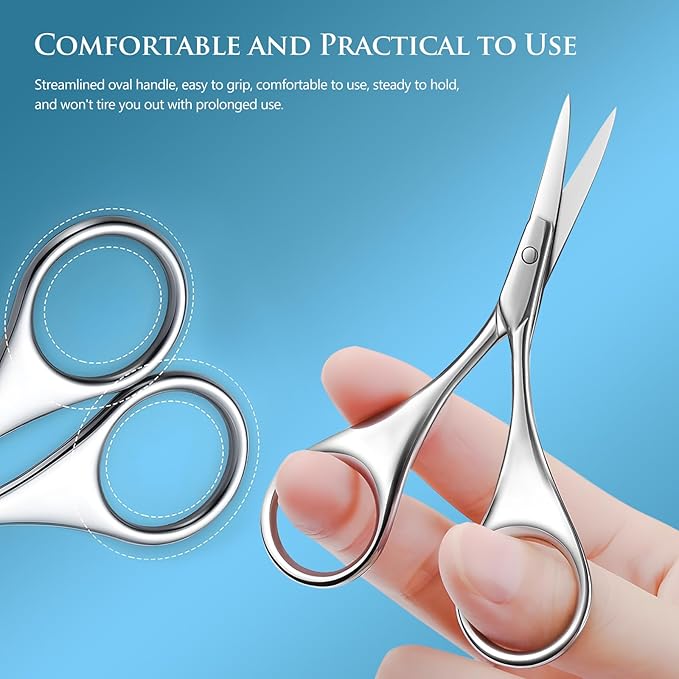 2Pcs Facial Hair Small Grooming Scissors For Men Women - Eyebrow, Nose Hair, Mustache, Beard, Eyelashes, Ear Trimming Kit - Curved and Rounded Safety Tip Clippers For Hair Cutting - Silver