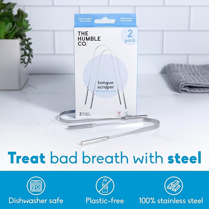 The Humble Co Tongue Scraper for Adults & Kids, 2 Pack - 100% Stainless Steel Tongue Cleaner Helps Eliminate Bad Breath & Bacteria - Dental Oral Care Products & Personal Hygiene Essentials