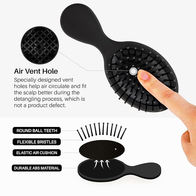 RHOS Mini Hair Brush for Women,Men and Kids-Travel Size Hair Brush for Purse,Pocket,backpack-Small Cushion Paddle Brush with Soft Bristles-Mini Detangler Brush for All Hair Types(1 Pack-Black)