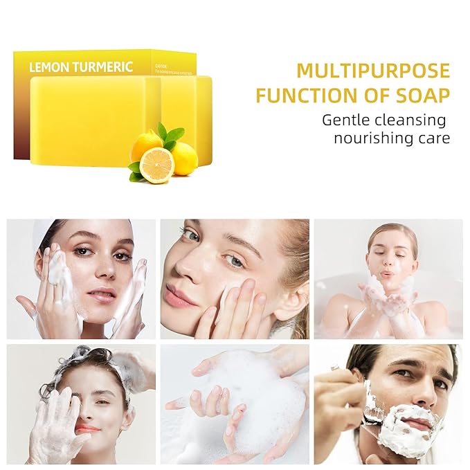 Lemon Turmeric Kojic Acid Soap Bar, Turmeric Soap for Face Body Hands, Deep Cleansing Natural Curcuma Bath Soaps Bar, Moisturizing Facial Cleanser Body Wash for All Skin Types Blemish 2 Bars