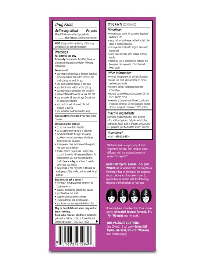 Minoxidil Topical Aerosol Foam, 5%, Hair Regrowth Treatment for Women, 2.11 oz Reactivates Hair Follicles to Stimulate Hair Regrowth - 4 Months Supply