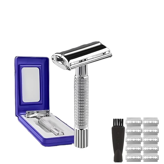Double Edge Safety Razor for Men and Women - Butterfly Open Shaving Razor with 10 Stainless Steel Blades, Precision Shaving, Durable, Eco-Friendly 12-Piece Kit