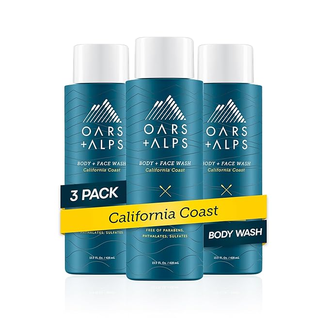 Oars + Alps Body and Face Wash for Men, Mens Body Wash & Face Cleanser with Vitamin E and Antioxidants, Moisturizing, Hydrating, Paraben & Sulfate Free Cleanser, California Coast, 3pk