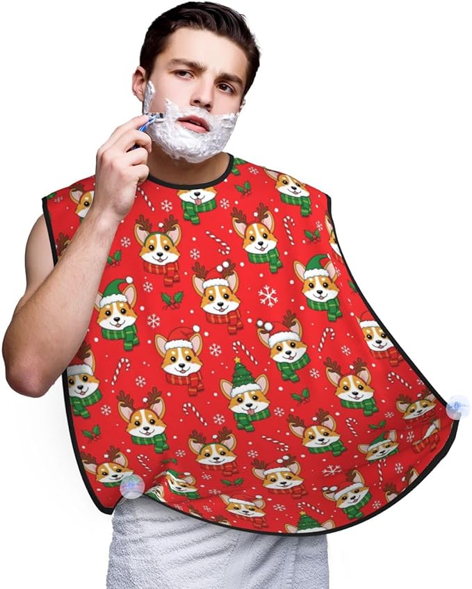 Adjustable Beard Bib, Non-Stick Hair Catcher Cape for Men's Shaving, Waterproof with 2 Suction Cups, Corgi Dogs Christmas Red Shave Bib