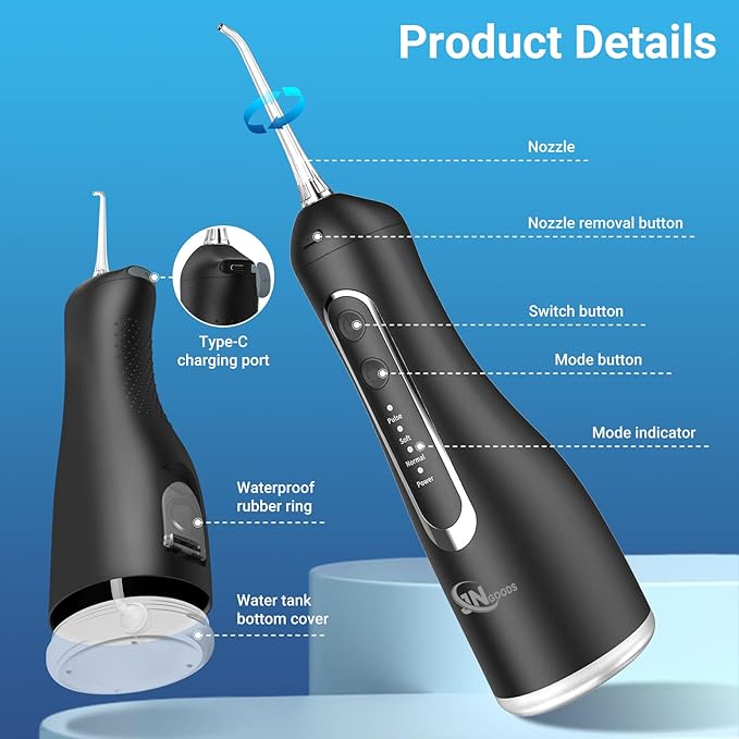 Cordless Water Dental Flosser Oral irrigator,JNGOODS 300ml Rechargeable Water flosser for Teeth IPX7 Waterproof 4 Modes Portable Oral Irrigator with 4 Jet Tips, Travel Home use