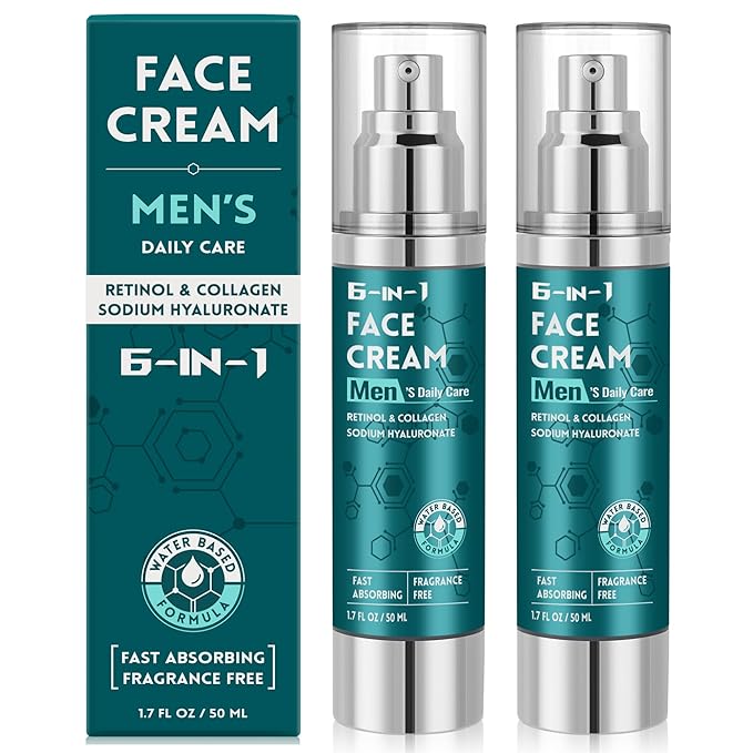 6-in-1 Face Cream for Men: Hydrating Water Based Men Face Moisturizer with Retinol, Collagen, Sodium Hyaluronate - Mens Anti Aging Face Cream for Day and Night Use