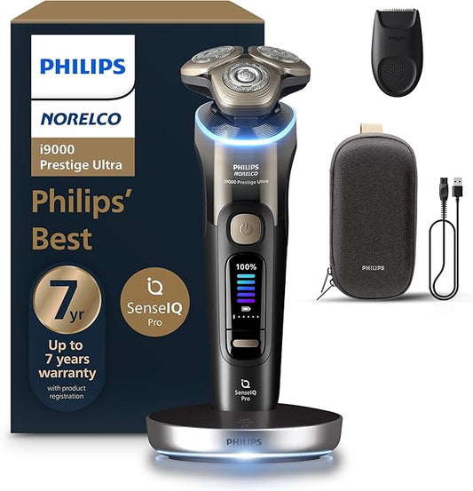 Philips Norelco Shaver i9000 Prestige Ultra, Wet & Dry Electric Shaver, Black Gradient, SenseIQ Pro Technology, Triple Lift & Cut System, 360 Rotating NanoTech Precision Blades, 5 Modes, XP9405/84