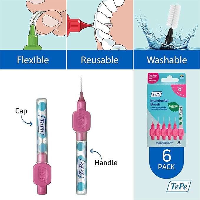 TePe Interdental Brush Original, Soft Dental Brush for Teeth Cleaning, Pack of 6, 0.40 mm, Extra-Small/Small Gaps, Pink, Size 0