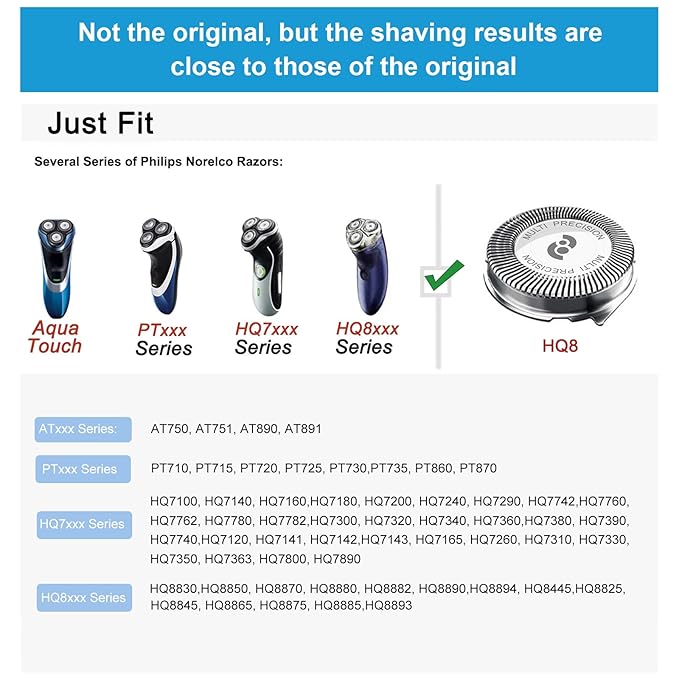 New Upgrade HQ8 Replacement Heads Compatible With Philips Norelco Aquatec Shavers, Razor Blades For PT720 AT880 AT810, HQ8 Blades 6-pc pack