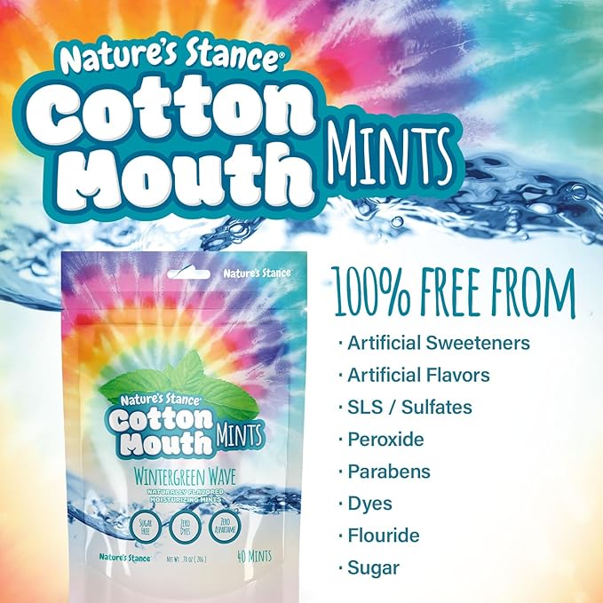 Nature’s Stance Cotton Mouth Xylitol Mints for Dry Mouth Relief - Sugar Free Mints, Stimulate Saliva & Freshen Breath, Throat, Teeth, Gums - Xylitol Lozenges, 40 Count (Wintergreen Wave)
