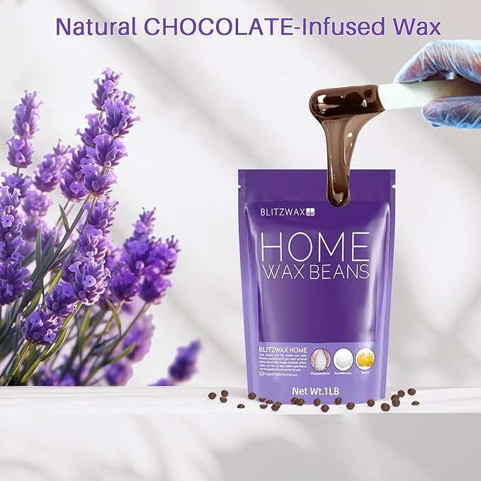 BLITZWAX Hard Wax Beads for Hair Removal 1lb Flexible Formula Chocolate Wax Beans No Residue for Brazilian Bikini Facial Body, Large Refill Wax for Women Men At Home Waxing
