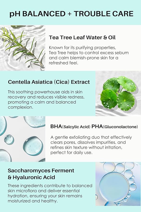 Tea Tree Cica Trouble pH Balanced Cleanser – K-Beauty Soothing Face Wash with BHA/PHA for Acne & Sebum Control | Hypoallergenic, Low pH Cleansing Gel for Sensitive Skin