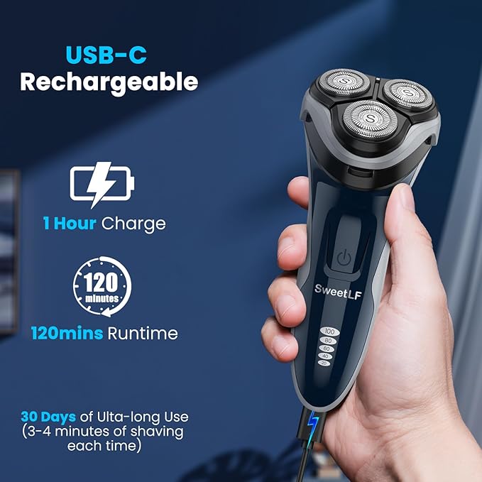 SweetLF Electric Razor for Men with Pop-Up Trimmer, IPX7 Waterproof Electric Shaver, Rechargeable Shavers for Men, Type-C, 120Mins Runtime, Plug & Play