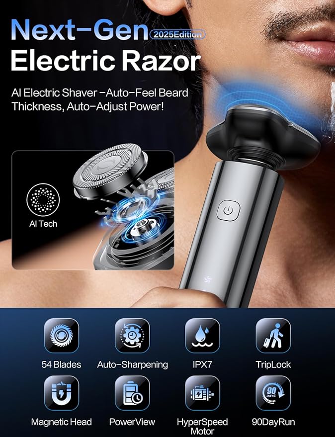Electric Razor for Men,Electric Shavers for Men,3-Blade Rotary Shaving System,Waterproof Wet Dry Cordless Razor,Touch Switch,Type-C Fast Charging,Travel Lock,Digital Display,90+ Minutes Run Time