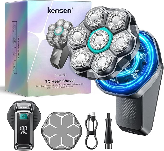 kensen 7D Head Shavers for Bald Men - Dual Speed Bald Head Shavers with LED Display, Electric Razor for Men IPX6 Waterproof Wet/Dry Shaving Head Razor Magnetic Head Balding Clippers for Men Black