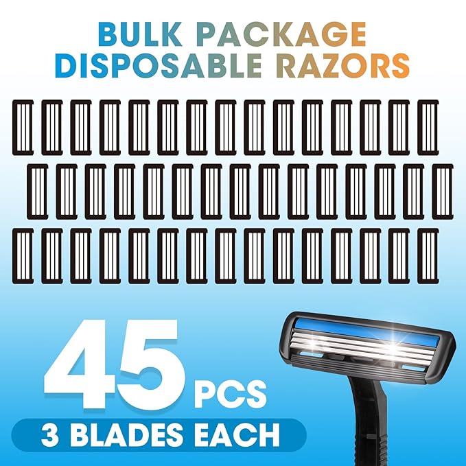 CXYARY 45 Pcs 3 Blade Disposable Razors With Clear Safety Cap, Shaving Razors Bulk for Men &Women, Stainless Steel Blade, Multipurpose Portable Shave Razor for Bathing Hotel Travel, Black