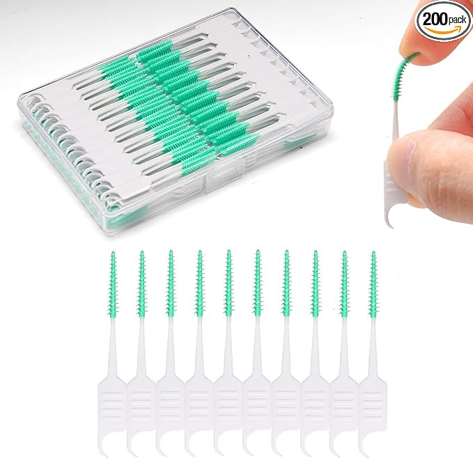 200PCS Dental Floss Picks,Dual-Use Interdental Brushes,Soft Silicone Brush Head Toothpicks, Tooth Picks Flossers for Teeth Braces Cleaning (200PCS Green)
