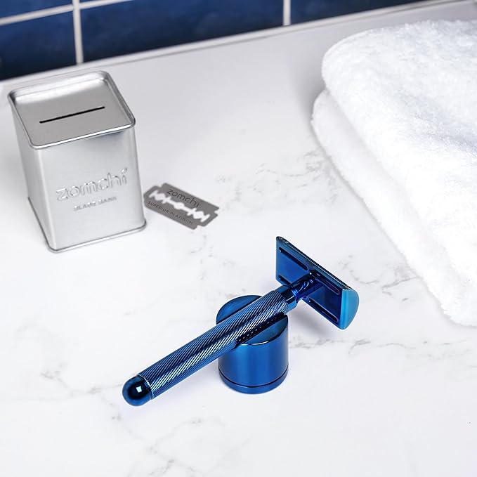 ZOMCHI Double Edge Safety Razor for Men with Stand, [New Version 2.0 ] Reusable Metal Razor with 10 Double Edge Blades, Single Blade Razors for Men & Women – Noble Blue