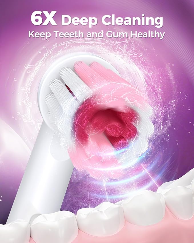 Rotating Electric Toothbrush with 8 Brush Heads for Adults and Kids, 3 Modes Rechargeable Power Toothbrush with 2-Minute Smart Timer, 45-Day Battery Life (Pink)