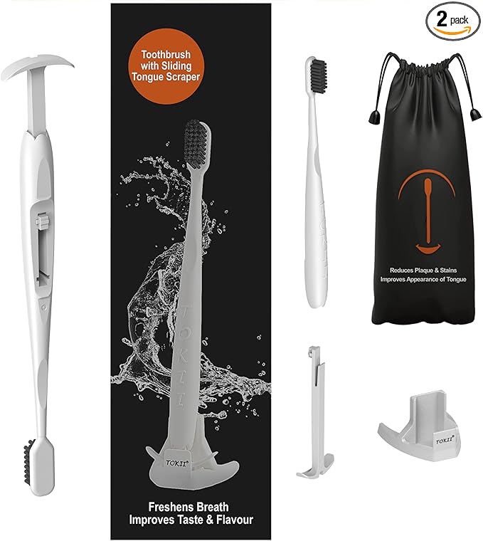TOKII Tongue Scraper Cleaner Charcoal Bristles Toothbrush for Bad Breath with Waterproof Pouch for Travel, Hygienic Stand and Enviromentally Friendly (White, Pack of 2)