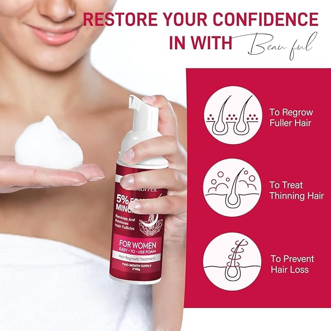 5% Minoxidil Foam for Women: Hair Regrowth Treatment for Thinning Hair and Hair Loss, Lightweight Non-Greasy Formula, Dermatologist Recommended, 2 × 60g (2-Month Supply)