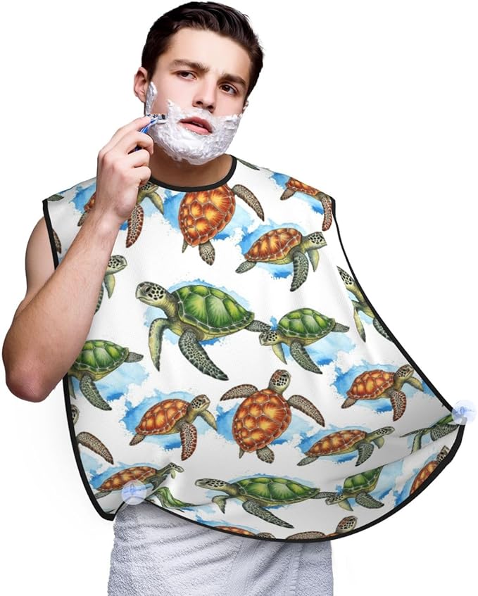 Beard Hair Catcher for Men, Waterproof Shaving Bib Apron Non-Stick, Trimming Tool for Dad Husband, Great Ocean Wave Sea Turtles Shave Bib