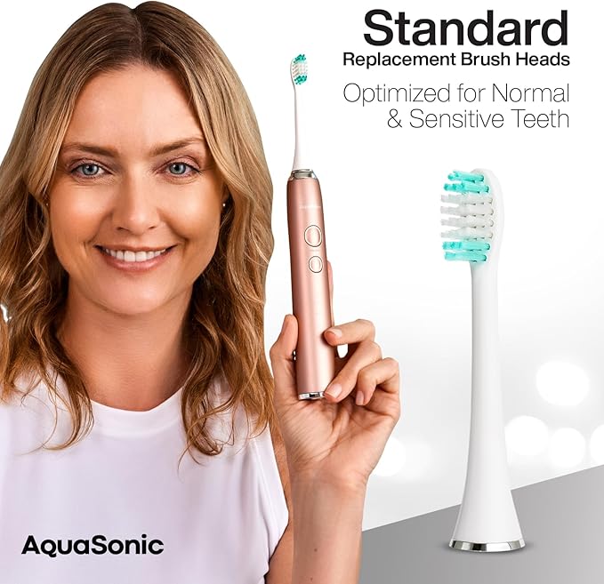 AquaSonic Genuine Standard Replacement Brush Heads | ADA Accepted | for Normal & Sensitive Teeth | Compatible with Many AquaSonic Toothbrush Handles (2 Pack White)