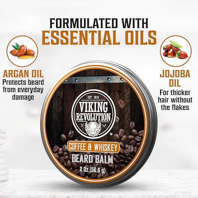 Viking Revolution Coffee Whiskey Beard Balm for Men - Beard Butter for Men with Argan Oil and Jojoba Oil Softener and Moisturizer Styling Balm (1 Pack, 2oz)