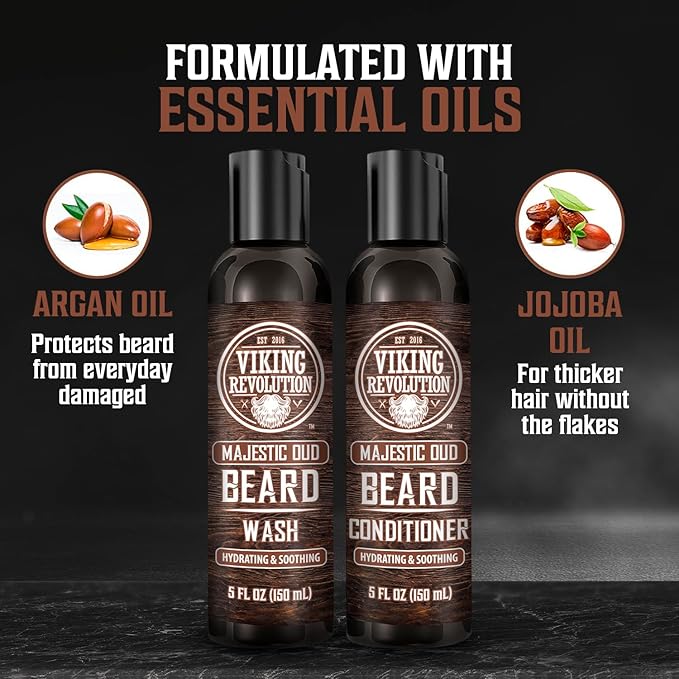Viking Revolution Beard Wash and Beard Conditioner for Men with Argan Oil and Jojoba Oil - Beard Softener and Strengthener Beard Care Beard Shampoo and Conditioner with Beard Oil (5oz, Majestic Oud)