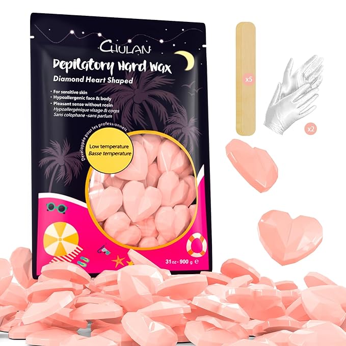 Chulan Hard Wax Beads, 900g No Rosin Hypoallergenic Hard Waxing Bead Spa for Sensitive Skin, Large Heart-Shape Wax Beans for Coarse Hair Removal, Body, Brazilian, Face, Bikini, Legs, Armpit Women Pink