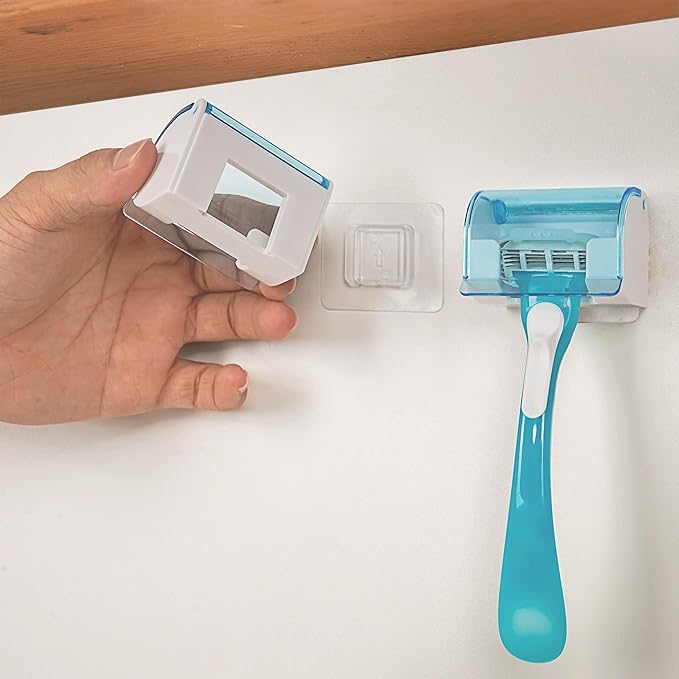 LUEXBOX 2 Pack Razor Holder with Cover for Shower Wall, Self Adhesive Razor Stand Shaver Organizer, Plastic Razor Hanger Hooks Compatible with Fusion 5 Proglide, Mach 3 Classic (Clear Blue)