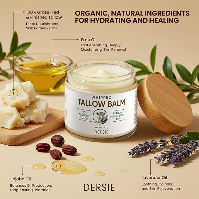 Dersie Whipped Tallow Cream: 100% Grass-Fed Beef Tallow Cream for Deep Hydration, Skin Barrier Repair, Soothing - Tallow Moisturizer for Face & Body for Women, Men & Kids (2.1 oz)