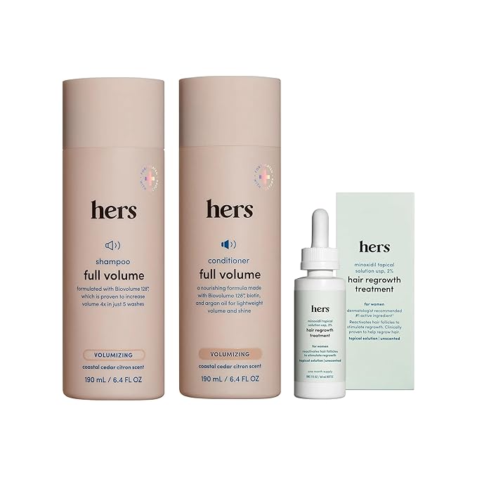 hers Full Volume Shampoo & Conditioner Set - Volumizing Set for Women- Adds Volume & Shine - Coastal Cedar Citron - 2 x 6.4 oz & hers Minoxidil 2% Topical Serum Solution, Hair Regrowth Treatment, 2 oz