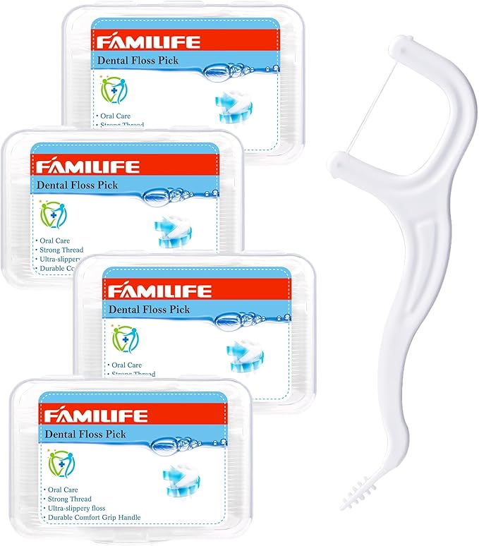 FAMILIFE Floss Picks, 200 Count Unflavored Dental Floss Cleaner, Tooth Picks Flossers with 4 Travel Handy Cases, Helps to Fight Tooth Decay and Keep Your Teeth Clean, Sticks for Family